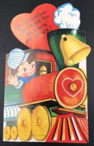 Vintage 1950&#39;s Die Cut Mechanical Valentines Card Boy in Train Locomotiv... - $13.99
