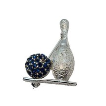 Vintage Bowling Ball and Pin Brooch Dodds Blue Stones Silver Tone - $15.61