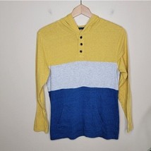 Old Navy | Yellow Gray Blue Colorblock Striped Henley Hooded Long Sleeve Tee XL - $12.59