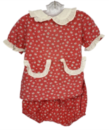 Vintage Girls Floral Dress &amp; Bloomers Linen Red Daisy Print Ruffle Trim ... - €25,86 EUR