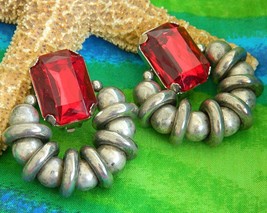 Vintage Silver Ball Hoop Earrings Chunky Red Rhinestone Huge Clip-On - £15.68 GBP