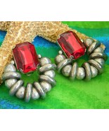 Vintage Silver Ball Hoop Earrings Chunky Red Rhinestone Huge Clip-On - £15.94 GBP