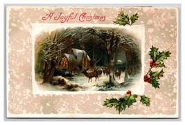 Joyful Christmas Cabin Deer In Woods Night Embossed DB Postcard W21 - £3.12 GBP