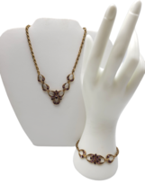 Purple Rhinestone Statement Necklace Bracelet Set Gold Tone Vintage 1920... - $53.45