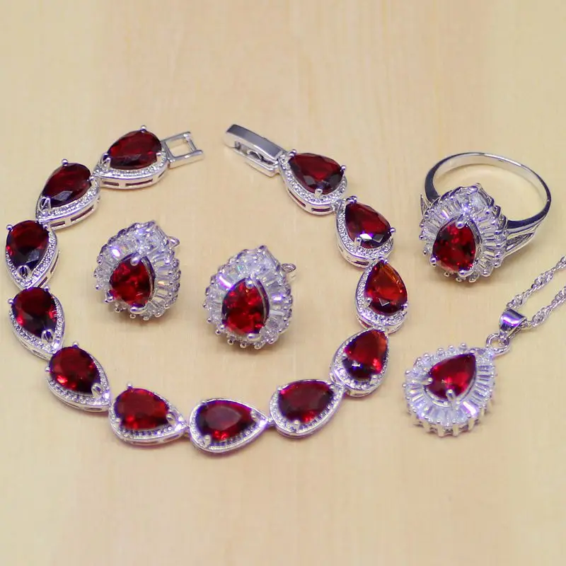 Water Drop Red Ruby White Topaz 925 Sterling Silver Jewelry Sets Women Stud Earr - £30.30 GBP