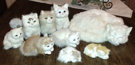 Rabbit Fur Sleeping Cat Curled Up White 9” x 8” Mom w/ Kittens 9pc Lot VTG - £71.92 GBP