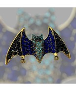 Stunning Elegant Halloween Bat Pin  - Sparkling Rhinestone Brooch BLUE/GOLD - $12.82
