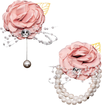 CRASPIRE Wrist Corsage and Boutonniere Set 2Pcs Pearl Wrist Corsage Pink Rose an - £10.80 GBP