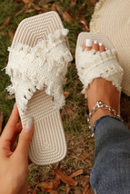 Beige Tassel Woven Crossed Straps Flat Slippers - $11.94