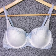 DKNY Padded Underwire Push Up Bra Baby Blue Bow White Lace Lined 32C - £8.97 GBP