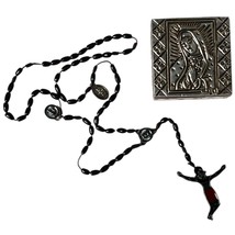 Handmade Rosary With Wooden Beads &amp; Metal Crucifix Virgin Mary Metal Box... - $9.50
