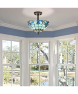 13&quot;H Amelia Blue and Amber Stained Glass Shade Ceiling Light - $311.26 CAD