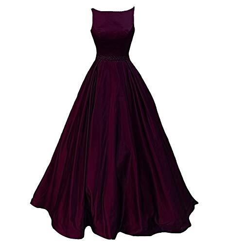 Kivary Bateau Beaded Sash Satin Long A Line Formal Evening Prom Dresses Dark Plu