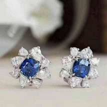 3CT Cushion Cut CZ Blue Sapphire Halo Stud Earrings 14K White Gold Plated. - £89.91 GBP