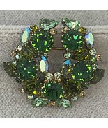 Vintage Sparkly Austrian AB Green Rhinestone Gold Tone Wreath Brooch, 19... - $52.00