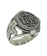 Jesuit Sterling Silver 925 IHS the Holy Name of Jesus Cross Men's Coin Ring - $144.15