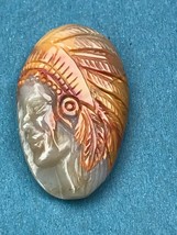 Exquisitely Carved Cream Male Face w Orange &amp; Red Feather Headdress Stone Pendan - £26.78 GBP