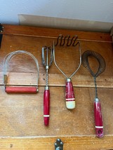 Lot of Vintage Red Painted Handle Potato Masher Whip &amp; Bakelite Handle Pastry - £8.84 GBP