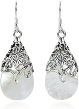 Floral Vine Ornate Teardrop White Mother Of Pearl .925 Sterling Silver Earrings - £57.08 GBP
