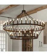 Industrial Wagon Wheel Pendant Light, 2-Tier 54 Adjustable Black Candle Lights - $397.54