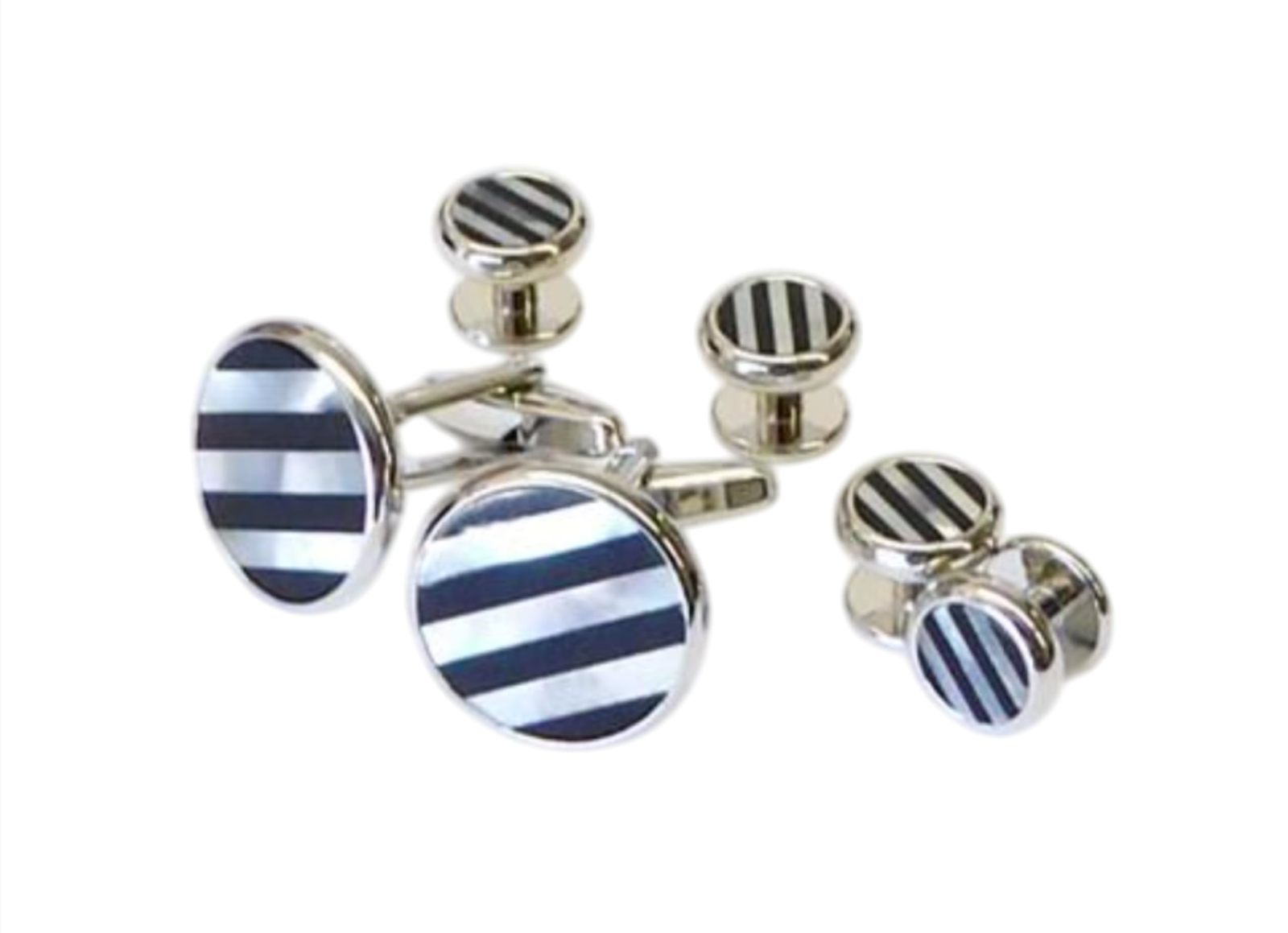 Onyx and Mother of Pearl Striped Tuxedo Studs and Cufflinks Set Silver Trim - $147.00