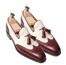 Handmade men fashion wingtip two tone leather shoes Men beige and burgundy shoes - £117.70 GBP