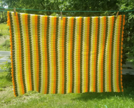 56&quot; Crochet Afghan Vintage Handmade Striped Green Orange Yellow 1970s 56x42 - £8.56 GBP
