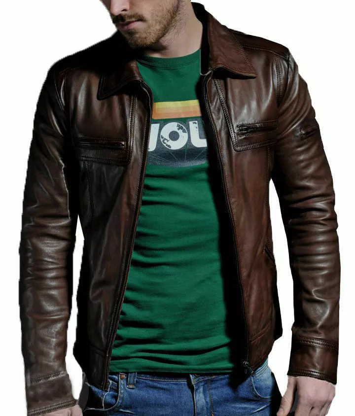 Men&#39;s Brown Motorcycle Racing Leather Jacket Vintage Style Retro Slim Fi... - £132.63 GBP