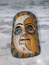 Vintage Carved Wood Mexican Mask - Sun &amp; Moon - Yellow &amp; Teal Folk Art - £76.26 GBP