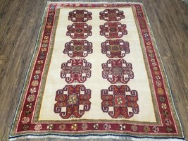 An item in the Antiques category: Vintage Tribal Rug Dark Red & Cream Hand-Knotted Carpet Office Room Rug 5 x 6.4