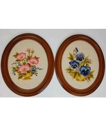 Pair Crewel Embroidery Flowers Poppies Pansy Oval Wooden Frames 14x17 La... - $197.99