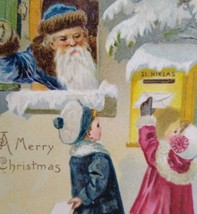 Christmas Postcard Santa Claus Blue Suit Coat Mica Snow St. Niklas Mailbox Old - $65.25