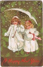 Holiday Postcard Embossed Happy New Year Little Girls In White Umbrella - $5.78