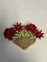 Vtg Crown Trifari Red Roses Woven Basket Brooch Gold Rhinestone 3D Flowers Pin - £97.27 GBP