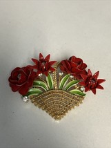 Vtg Crown Trifari Red Roses Woven Basket Brooch Gold Rhinestone 3D Flowers Pin - £95.70 GBP