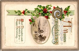 Vtg John Winsch Postcard Christmas Greetings, Holly Berry Church Scene, c1912 - £5.15 GBP