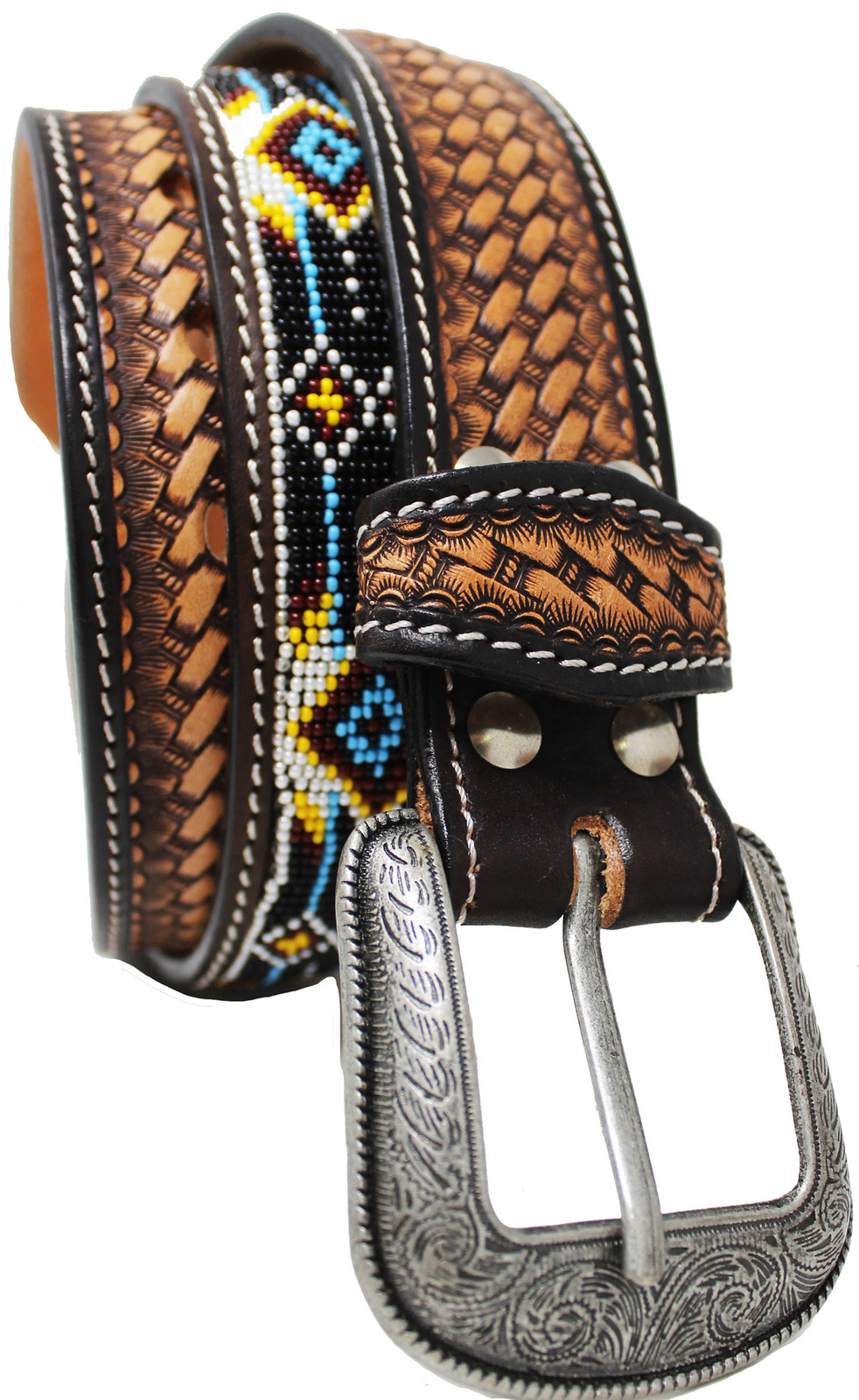 45-46  Unisex 1.5" Western Floral Tooled Beaded Full-Grain Leather Belt 26RT30A Item image 3