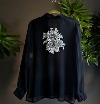 Lysehart Ltd Women’s Size L Blouse Floral Back Black Button Up Sheer Shirt - £23.93 GBP