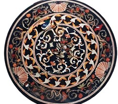 Nature Art Inlay Work Dining Table Top Round Shape Black Marble Receptio... - £2,679.03 GBP