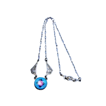 Antique 12” Child&#39;s Sterling Silver Chain Necklace with Blue Guilloche Enamel Ro - $247.45