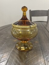 Pee Dee MCM Empoli Apothecary Lid Art Glass Dish Italy Honey Amber Sticker - $59.39 Pee Dee MCM Empoli Apothecary Lid Art Glass Dish Italy Honey Amber Sticker - $59.39