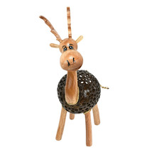 Happy Little Deer Hand Carved Wood &amp; Coconut Shell Animal Figurine - £16.50 GBP