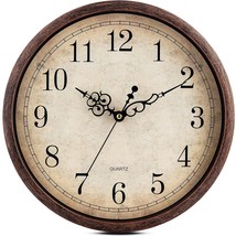 Vintage Brown Wall Clock Silent Non Ticking 12 Inch Quality Quartz Battery Opera - £36.76 GBP
