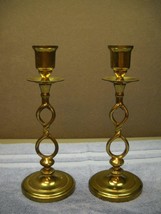 Vintage Brass Candle Sticks Infinity Twist Stem Round Base W Marking Drip Guard - £26.35 GBP