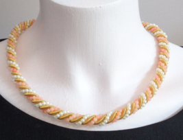 Vintage Necklace Coral Faux Pearl Bead Gold Tone Chain Twist Braid Design 19-21&quot; - £23.46 GBP