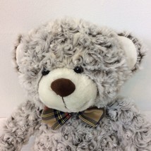 FAO Schwarz 17&quot; Gray White Teddy Bear Stuffed Plush Animal Curly Hair Plaid Bow - £11.07 GBP