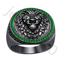 0.40 Ctw Lab Created Emerald 14K Black Gold Over Wedding Lion Men&#39;s Ring - £35.38 GBP