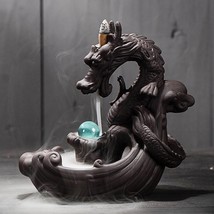 Brown Ceramic Dragon Statue With Crystal Ball  -  Backflow Incense Burne... - $48.72