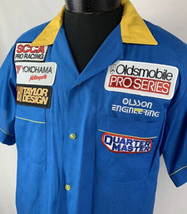 Vintage Hilton Button Shirt Racing Patches 50/50 USA XL Pit Crew Bowling 70s 80s - £78.09 GBP