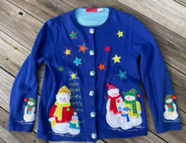 Onque Casuals Blue Snowman Holiday Ugly Christmas Sweater Cardigan Womens Small - £8.94 GBP